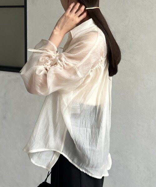 Thevon（ゼボン）の「ラメワッシャー袖シャーリングシアーシャツ（シャツ/ブラウス・レディース・ブラウン/ベージュ/アイボリー/サックスブルー・FREE）」の5枚目の写真