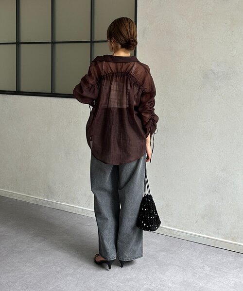 ブラウス シャツ ラメワッシャー袖シャーリングシアーシャツ レディース Thevon ブラウス シャツ ラメワッシャー袖シャーリングシアー
