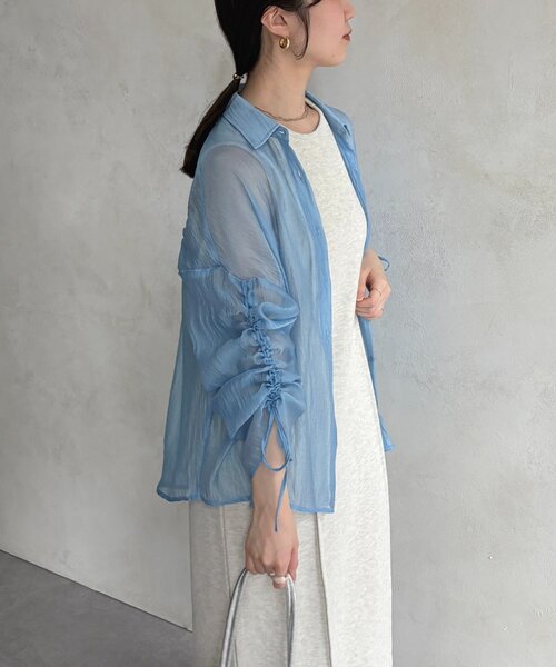 ブラウス シャツ ラメワッシャー袖シャーリングシアーシャツ レディース Thevon ブラウス シャツ ラメワッシャー袖シャーリングシアー