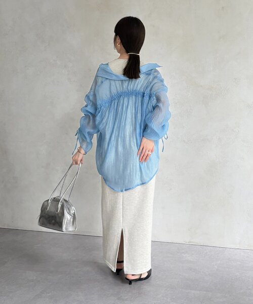 ブラウス シャツ ラメワッシャー袖シャーリングシアーシャツ レディース Thevon ブラウス シャツ ラメワッシャー袖シャーリングシアー