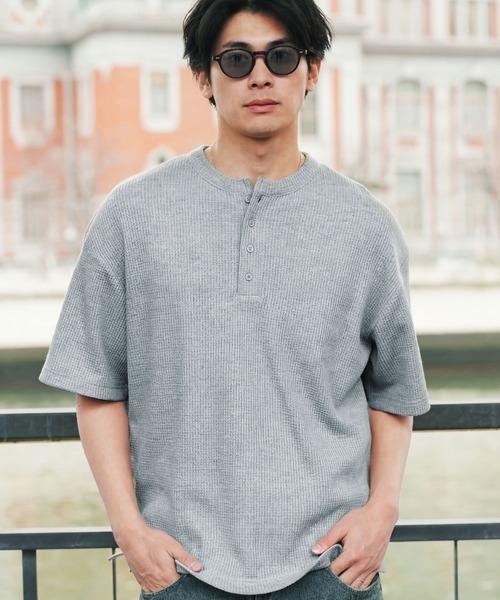 ワッフルサーマル ヘンリーネック 半袖Tシャツ カットソー（Tシャツ