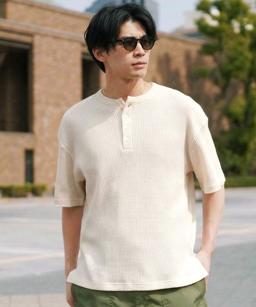 セール】ワッフルサーマル ヘンリーネック 半袖Tシャツ カットソー（T