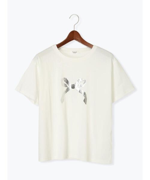 Te chichi TERRASSE（テチチテラス）の「【接触冷感】箔リボンモチーフTシャツ（Tシャツ/カットソー・レディース・オフホワイト/ブラック/ベージュ・F）」の8枚目の写真