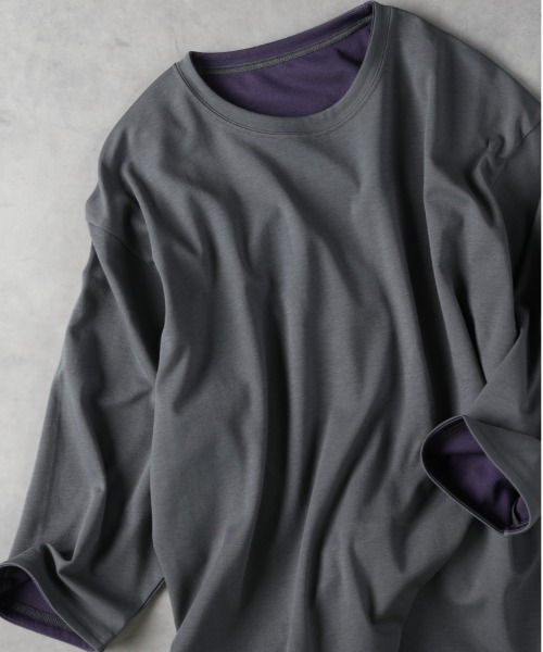 Right-on（ライトオン）の「【PLUS ONE】【接触冷感】ハイゲージダブルフェイス配色七分袖Ｔシャツ（Tシャツ/カットソー・メンズ・ブラック/グレー/カーキブラウン・M/L/XL）」の2枚目の写真