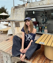 Ritzy | Y2K ロゴプリント オフショルダー半袖Tシャツ(Tシャツ/カットソー)