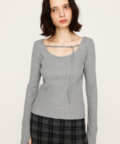 SLY(スライ)の「2WAY CUT RIB TOPS ツーウェイ カットリブ トップス 秋服(Tシャツ/カットソー・レディース・ブルー系その他/ライトブラック/杢グレー・1/2)」の1枚目の写真