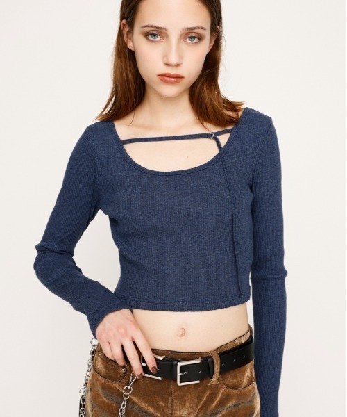 SLY(スライ)の「2WAY CUT RIB TOPS ツーウェイ カットリブ トップス 秋服(Tシャツ/カットソー・レディース・ブルー系その他/ライトブラック/杢グレー・1/2)」の3枚目の写真
