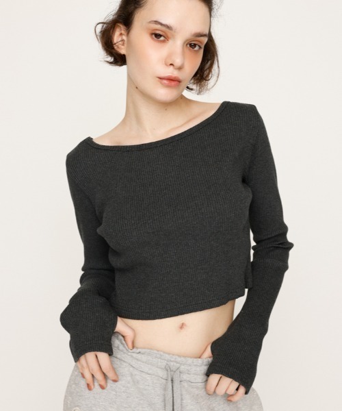 SLY(スライ)の「2WAY CUT RIB TOPS ツーウェイ カットリブ トップス 秋服(Tシャツ/カットソー・レディース・ブルー系その他/ライトブラック/杢グレー・1/2)」の6枚目の写真