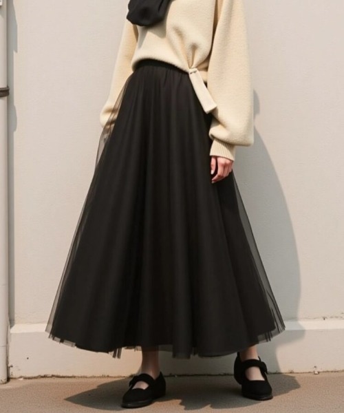cammie(キャミー)の「チュールフレアスカート(スカート・レディース・ブラック/アイボリー・L/M)」の1枚目の写真
