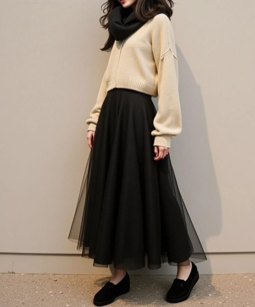 cammie(キャミー)の「チュールフレアスカート(スカート・レディース・ブラック/アイボリー・L/M)」の6枚目の写真