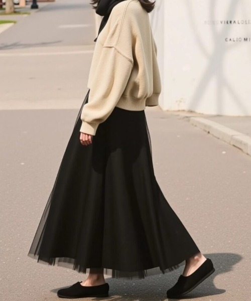 cammie(キャミー)の「チュールフレアスカート(スカート・レディース・ブラック/アイボリー・L/M)」の8枚目の写真