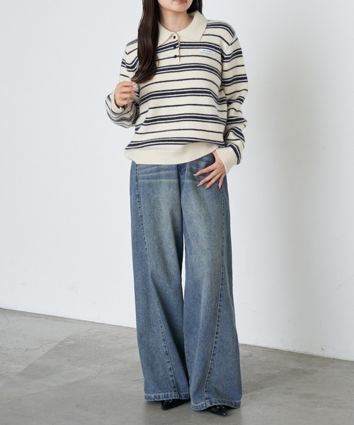 RAY CASSIN（レイカズン）の「ボーダーポロ襟ニット（ニット/セーター・レディース・ブラウン/ホワイト/ブルー・FREE）」の8枚目の写真