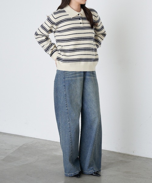 RAY CASSIN（レイカズン）の「ボーダーポロ襟ニット（ニット/セーター・レディース・ブラウン/ホワイト/ブルー・FREE）」の12枚目の写真