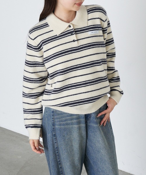RAY CASSIN（レイカズン）の「ボーダーポロ襟ニット（ニット/セーター・レディース・ブラウン/ホワイト/ブルー・FREE）」の14枚目の写真