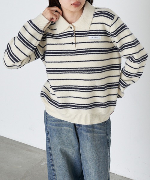 RAY CASSIN（レイカズン）の「ボーダーポロ襟ニット（ニット/セーター・レディース・ブラウン/ホワイト/ブルー・FREE）」の16枚目の写真