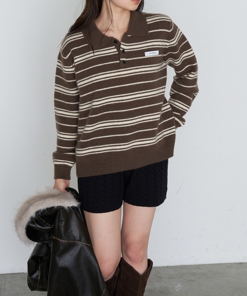 RAY CASSIN（レイカズン）の「ボーダーポロ襟ニット（ニット/セーター・レディース・ブラウン/ホワイト/ブルー・FREE）」の19枚目の写真