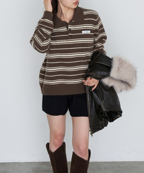 RAY CASSIN（レイカズン）の「ボーダーポロ襟ニット（ニット/セーター・レディース・ブラウン/ホワイト/ブルー・FREE）」の18枚目の写真
