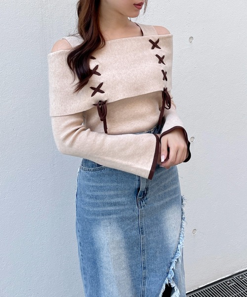 one way（ワンウェイ）の「レーシングオフショルニット（ニット/セーター・レディース・ベージュ/ホワイト/ピンク/グレー/ピンクベージュ・FREE）」の3枚目の写真