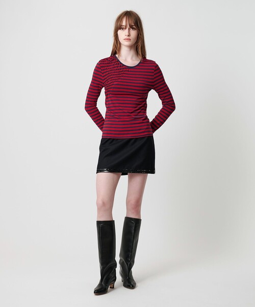 ATTISESSION(アティセッション)の「<ATTISESSION>シャーリング ボーダー プルオーバー トップス(Tシャツ/カットソー・レディース・レッド/ダークグレー・FREE)」の6枚目の写真