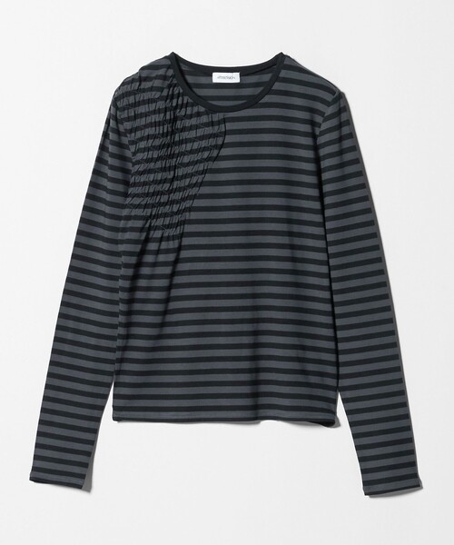 ATTISESSION(アティセッション)の「<ATTISESSION>シャーリング ボーダー プルオーバー トップス(Tシャツ/カットソー・レディース・レッド/ダークグレー・FREE)」の7枚目の写真