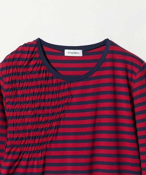 ATTISESSION(アティセッション)の「<ATTISESSION>シャーリング ボーダー プルオーバー トップス(Tシャツ/カットソー・レディース・レッド/ダークグレー・FREE)」の14枚目の写真