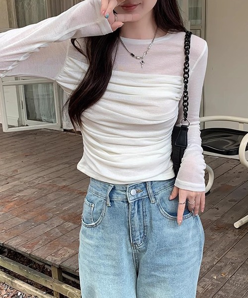 HALEY PESCA（ヘーリーペスカ）の「HALEY PESCA/シースルー　長袖　ギャザーカットソー（Tシャツ/カットソー・レディース・カーキ/ホワイト・MEDIUM/SMALL）」の3枚目の写真