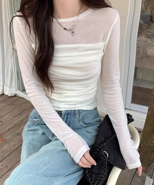 HALEY PESCA（ヘーリーペスカ）の「HALEY PESCA/シースルー　長袖　ギャザーカットソー（Tシャツ/カットソー・レディース・カーキ/ホワイト・MEDIUM/SMALL）」の4枚目の写真