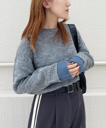 ISOOK | 【ISOOK / アイスー】アクリルモヘア配色レイヤードニット / カラーニット セーター プルオーバー 長袖 バイカラー 配色トップス ミドル丈 ビックシルエット オーバーサイズ ボリュームスリーブ クルーネック グレー チャコール レッド 赤 無地 ZOZOTOWN限定(ニット/セーター)