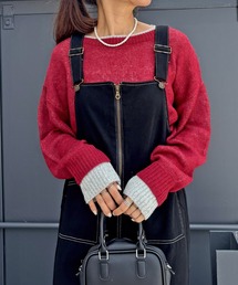 ISOOK | 【ISOOK / アイスー】アクリルモヘア配色レイヤードニット / カラーニット セーター プルオーバー 長袖 バイカラー 配色トップス ミドル丈 ビックシルエット オーバーサイズ ボリュームスリーブ クルーネック グレー チャコール レッド 赤 無地 ZOZOTOWN限定(ニット/セーター)