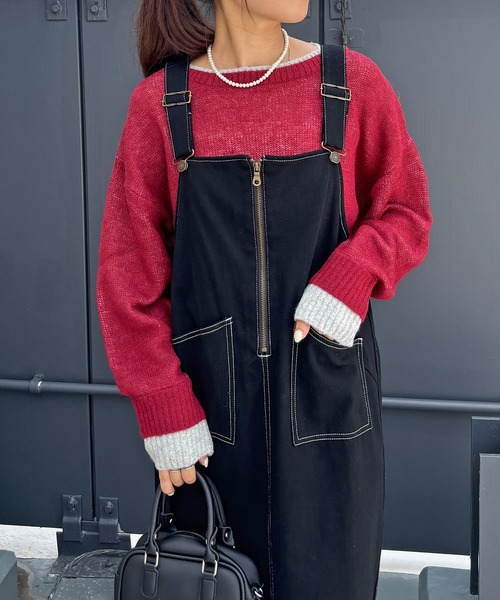 ISOOK（アイスー）の「【ISOOK / アイスー】アクリルモヘア配色レイヤードニット / カラーニット セーター プルオーバー 長袖 バイカラー 配色トップス ミドル丈 ビッグシルエット オーバーサイズ ボリュームスリーブ クルーネック グレー チャコール 春ニット 春服 無地 ZOZOTOWN限定（ニット/セーター・レディース・グレー/チャコールグレー/レッド・FREE）」の12枚目の写真