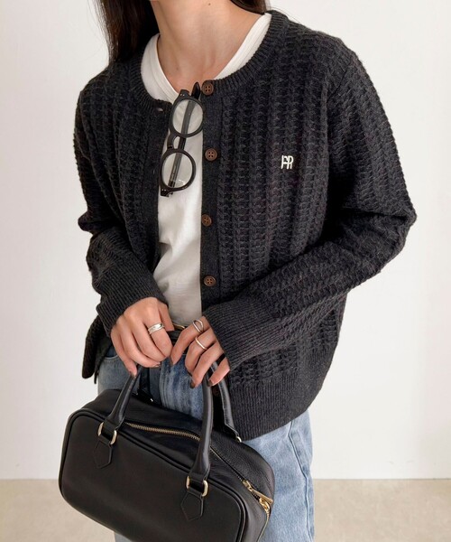 フレディエミュ（fredy emue）/FR刺繍ケーブル柄ニットカーディガン セール】FR刺繍ケーブル柄ニットカーディガン（ニット/セーター