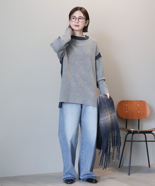 新品未使用】yori バイカラークルーネックニット グレー 36 yori バイ