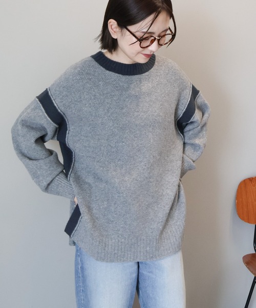 AMERICAN HOLIC(アメリカンホリック)の「バイカラーニットプルオーバー【WEB限定カラー有り】(ニット/セーター・レディース・杢グレー/グレイッシュベージュ/ブラック/グレー系その他・L/M)」の11枚目の写真