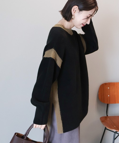AMERICAN HOLIC(アメリカンホリック)の「バイカラーニットプルオーバー【WEB限定カラー有り】(ニット/セーター・レディース・杢グレー/グレイッシュベージュ/ブラック/グレー系その他・L/M)」の15枚目の写真