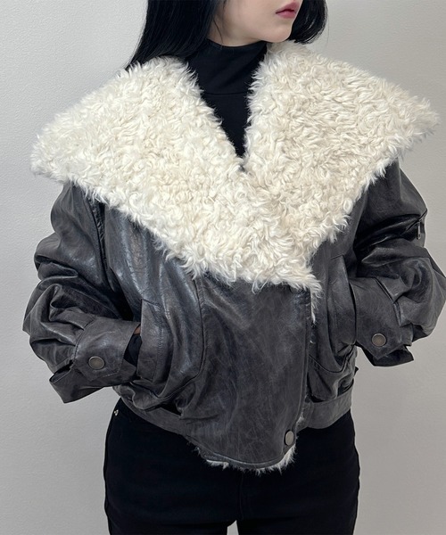 セール】3color/ビッグプードルボアカラー フェイクレザームートン