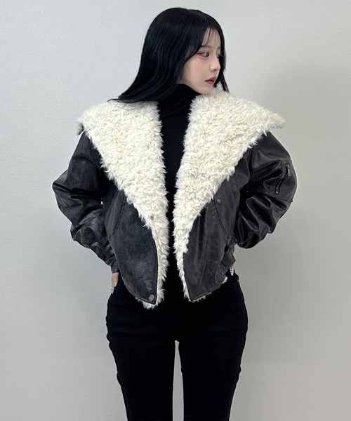 セール】3color/ビッグプードルボアカラー フェイクレザームートン