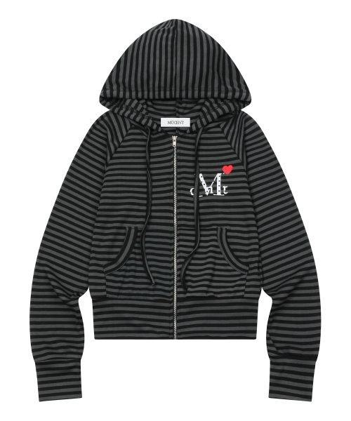 MUCENT(ムセント)の「ラブリッツミニハートロゴストライプナグランフードジップアップ(2カラー)(パーカー・レディース・ホワイト×ブラック/チャコールグレー×ブラック・FREE)」の14枚目の写真