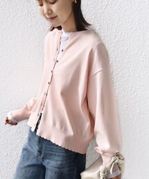 〈手洗い可能〉コットン カシミヤ混 スカラップヘム カーディガン