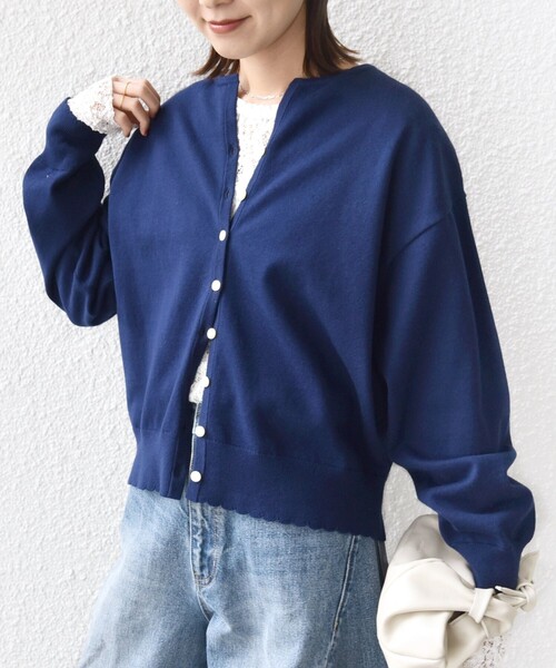 セール】〈手洗い可能〉コットン カシミヤ混 スカラップヘム