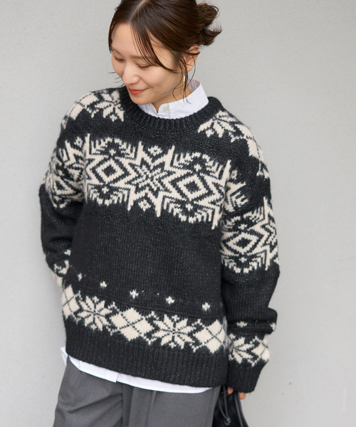 JOURNAL STANDARD（ジャーナルスタンダード）の「ノルディックニット（ニット/セーター・レディース・ブラック/グリーン・FREE）」の9枚目の写真