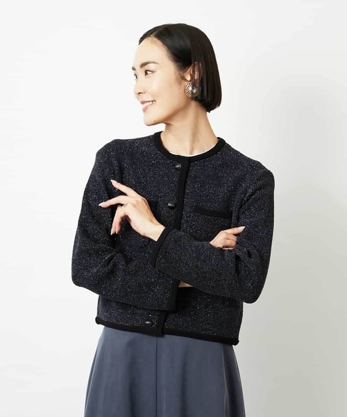 MICHEL KLEIN(ミッシェル・クラン)の「ツィード調モールニットジャケット(カーディガン/ボレロ・レディース・オレンジ系その他/ブラック・38)」の2枚目の写真