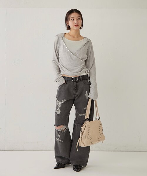 WHO'S WHO gallery(フーズフーギャラリー)の「ボールドダメージデニム(デニムパンツ・レディース・ブラック/ブルー・FREE)」の6枚目の写真