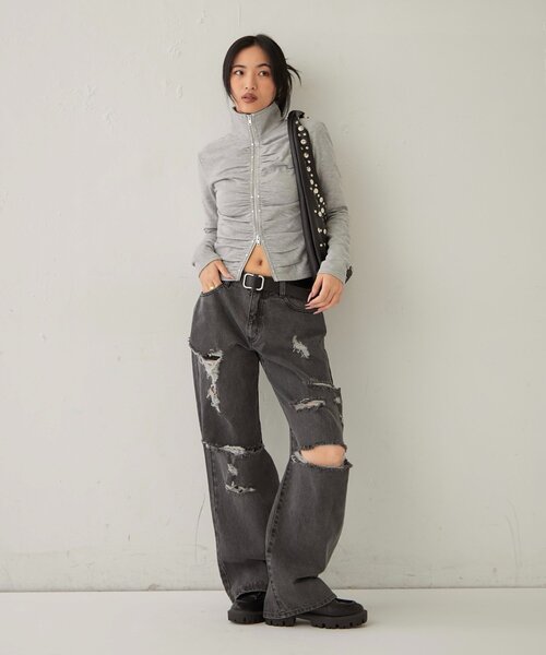 WHO'S WHO gallery(フーズフーギャラリー)の「ボールドダメージデニム(デニムパンツ・レディース・ブラック/ブルー・FREE)」の7枚目の写真