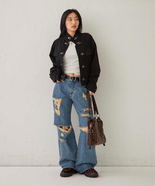 WHO'S WHO gallery(フーズフーギャラリー)の「ボールドダメージデニム(デニムパンツ・レディース・ブラック/ブルー・FREE)」の17枚目の写真