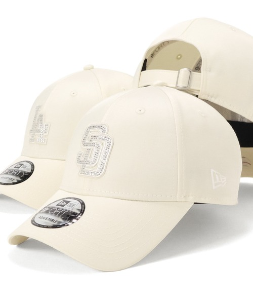 New Era 9FORTY Rhinestone キャップ アイボリーホワイト ニューエラキャップ 9FORTY ラインストーンサテン ホワイトデーMLB