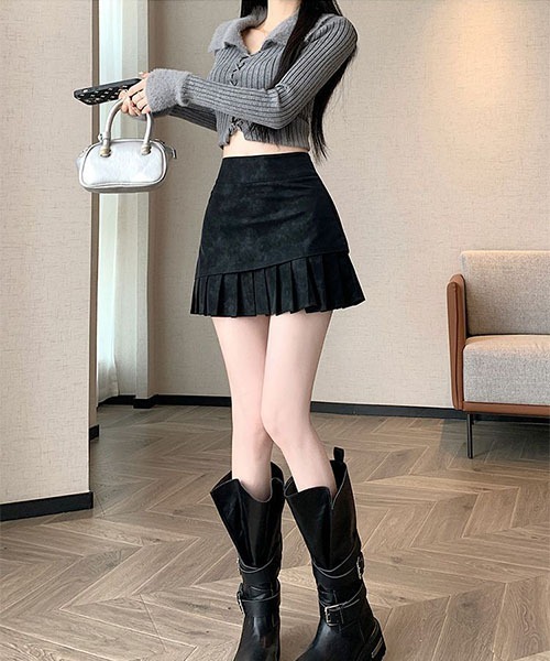 gossip!ロサンゼルス(ゴシップロサンゼルス)の「レイヤリングスエードプリーツ ハイウエストミニスカート レディース(スカート・レディース・ブラウン/ブラック・M/S)」の3枚目の写真
