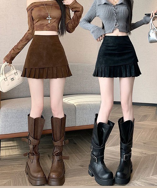 gossip!ロサンゼルス(ゴシップロサンゼルス)の「レイヤリングスエードプリーツ ハイウエストミニスカート レディース(スカート・レディース・ブラウン/ブラック・M/S)」の15枚目の写真