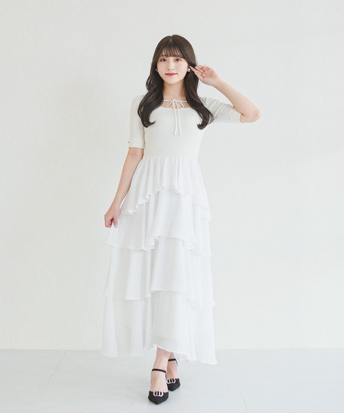 MISCH MASCH（ミッシュマッシュ）の「2026春夏新作 ZOZO限定アイテム フロントリボンティアードフリルロングワンピース（ワンピース・レディース・ホワイト/ブラック/ブルー・ﾌﾘ-）」の9枚目の写真