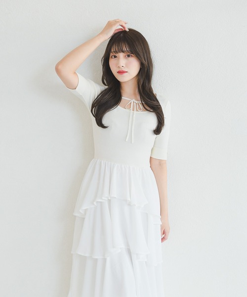 MISCH MASCH（ミッシュマッシュ）の「2026春夏新作 ZOZO限定アイテム フロントリボンティアードフリルロングワンピース（ワンピース・レディース・ホワイト/ブラック/ブルー・ﾌﾘ-）」の15枚目の写真