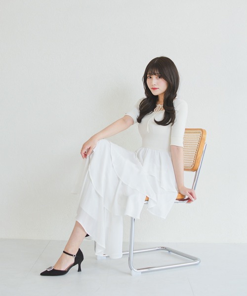 MISCH MASCH（ミッシュマッシュ）の「2026春夏新作 ZOZO限定アイテム フロントリボンティアードフリルロングワンピース（ワンピース・レディース・ホワイト/ブラック/ブルー・ﾌﾘ-）」の17枚目の写真